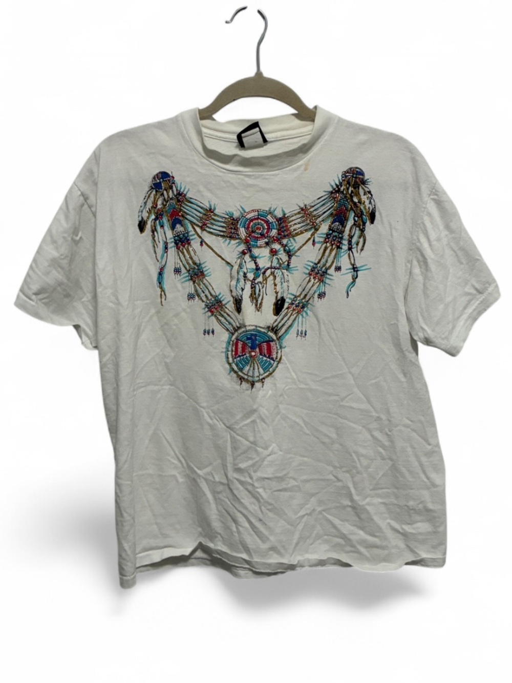 Vintage White Native American Feather Art Graphic Short Sleeve Tee Shirt